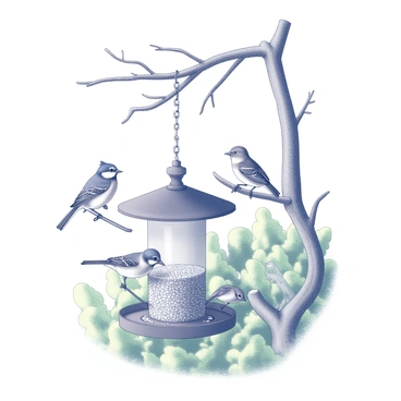 Various garden birds enjoying seeds at a colorful bird feeder