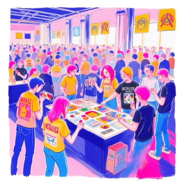 A lively fan meetup event takes place in a spacious venue, filled with fans gathered in groups. Many of the attendees are wearing "Metallica" shirts, showcasing various album designs and concert dates. Some fans are holding up memorabilia, including vinyl records, concert tickets, and posters. The atmosphere is energetic as people are animatedly sharing stories about their favorite concerts and experiences related to the band. Tables are set up displaying additional memorabilia, such as guitar picks and signed photos. Bright decorations featuring the band's iconic logo add to the festive ambiance.