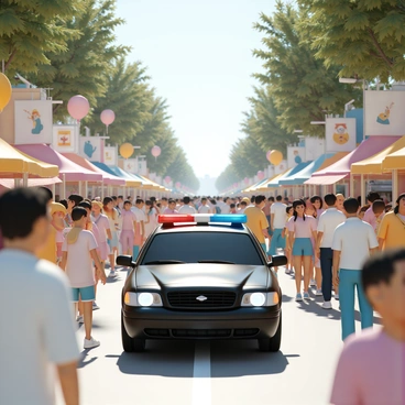 A 3D police car, with a shiny black body and blue and red emergency lights flashing on top, is positioned in the center of a bustling street festival crowd. The scene is filled with people of diverse ages and ethnicities, some wearing colorful festival clothing, holding balloons and food items. Various booths and stalls are set up nearby, showcasing vibrant decorations and banners. The atmosphere is lively, with people smiling and chatting as they enjoy the festivities. Bright sunlight filters through the trees lining the street, casting playful shadows on the ground.