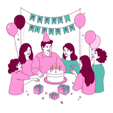 A pink cancer patient sits at a table adorned with a white birthday cake topped with colorful candles. The patient has a warm smile, wearing a party hat. Surrounding the table, family and friends are gathered, some holding brightly colored balloons in different shapes. A teal banner hangs above, decorated with the words "Happy Birthday." The atmosphere is filled with joy as everyone shares this special moment together, with a few gifts wrapped in shiny teal paper placed on the table.