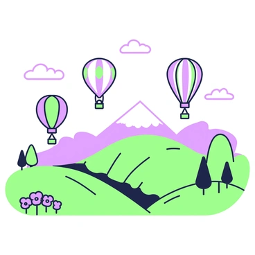 A series of hot air balloons are floating in the sky above a vast landscape. Each balloon has a unique shape and design, showcasing various patterns and details. Below them, rolling hills create a gentle undulating terrain, dotted with trees that vary in size and shape. In the foreground, a small group of flowers adds visual interest, while in the background, a mountain range rises against the horizon. The sky is expansive, filled with light fluffy clouds that create a serene atmosphere.