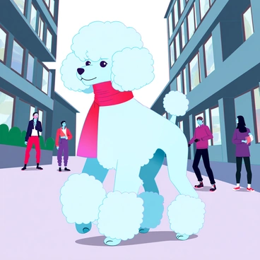 A fluffy poodle with a voluminous, flamboyant hairstyle featuring prominent curls and waves is walking down a bustling street. The poodle has a glossy white coat that glimmers in the light. It is wearing a vibrant, bright scarf that contrasts with its fur, draping elegantly around its neck. The street is lined with modern buildings and greenery, and there are people in the background going about their day. The poodle is strutting confidently, showcasing its stylish look.