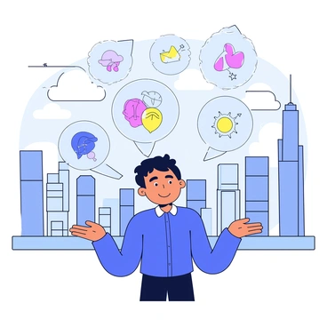 A futuristic scene featuring a city skyline with sleek, high-rise buildings made of glass and steel. In the foreground, a person stands with a contemplative expression, their hands outstretched. Above their head, multiple translucent holograms display various digital thoughts and ideas, depicted as colorful, floating icons and symbols. The atmosphere is filled with a soft glow from the holograms, illuminating the person's face. The background shows a bright, clear sky with subtle clouds, enhancing the advanced technological theme of the scene.