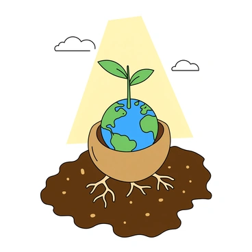 A small seed is nestled in rich, dark soil, with delicate roots starting to spread. From the seed, a tiny sapling emerges, its light green leaves unfurling. The core of the seed is a vibrant blue and green Earth globe, showing continents and oceans. Sunlight streams down, illuminating the sapling and casting soft shadows on the soil around it. Small nutrient-rich particles are scattered in the soil, emphasizing the nurturing environment. A few wispy clouds drift in the sky above, adding a sense of depth to the scene.