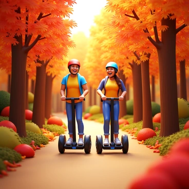 Two friends riding Segways are navigating through a dense forest trail. The forest is filled with trees showcasing vibrant autumn colors, with leaves in shades of orange, red, and yellow. The trail is slightly winding, surrounded by rich foliage and patches of sunlight filtering through the canopy. The friends are laughing and enjoying their ride, wearing casual outdoor clothing and helmets for safety. Their Segways are modern and sleek, contrasting with the rustic beauty of the natural landscape around them.