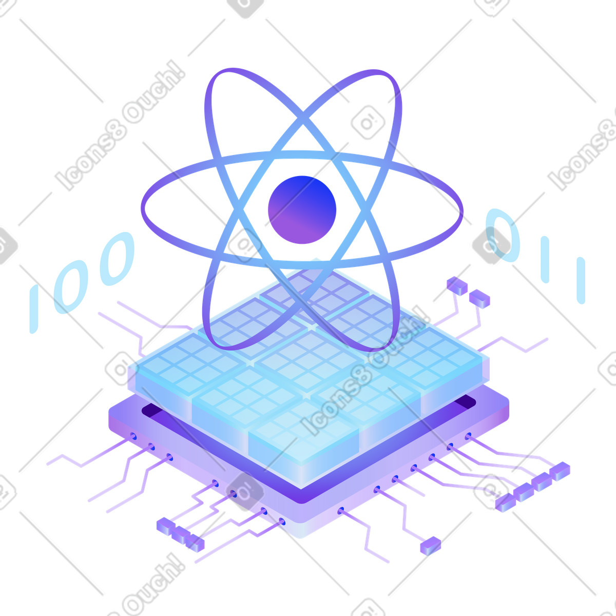 Microprocessor with atom and binary code, Data science quantum computing illustration in Hi-tech style download in PNG, SVG