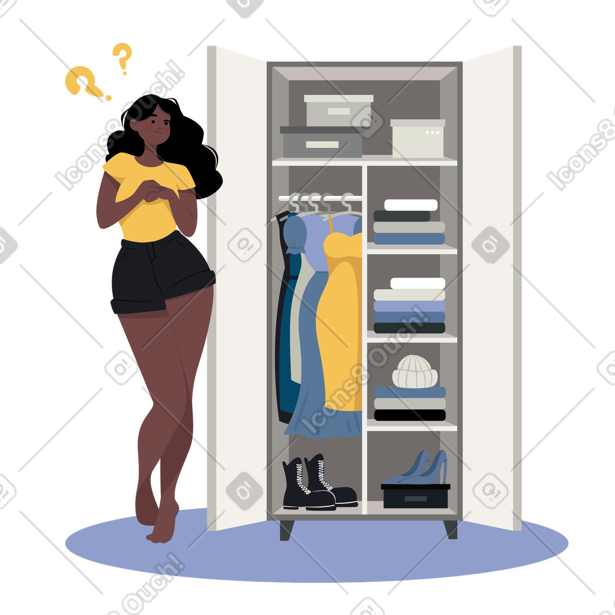 Ragazza in contemplazione su cosa indossare illustrazione stile Lagom scarica PNG, SVG