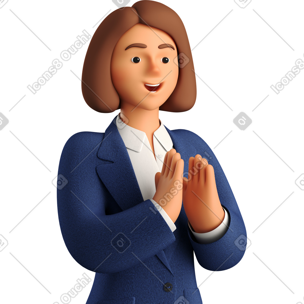 Businesswoman in blue suit clapping hands-Illustration im 3D Business-Stil als Download PNG, SVG