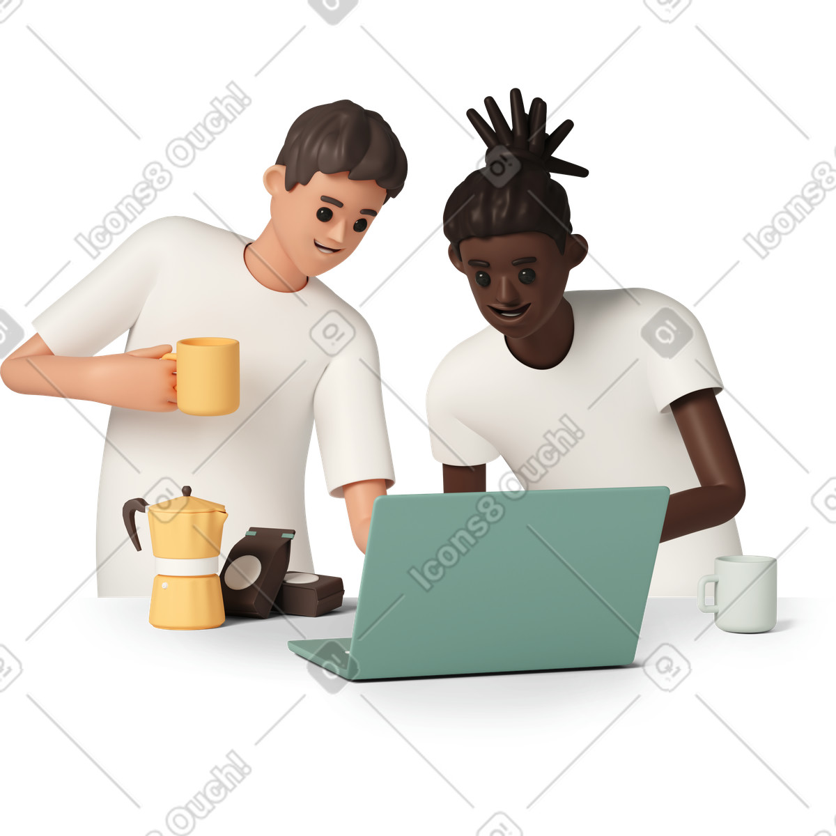 Two men using laptop and drinking coffee illustration in 3D Casual life style download in PNG, SVG