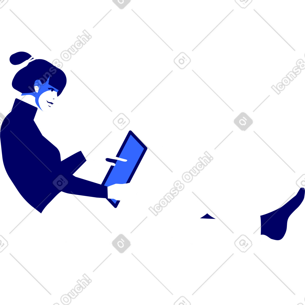 Illustration La fille est assise avec sa jambe tendue et travaille sur une tablette dans le style Lounge à télécharger aux formats PNG, SVG