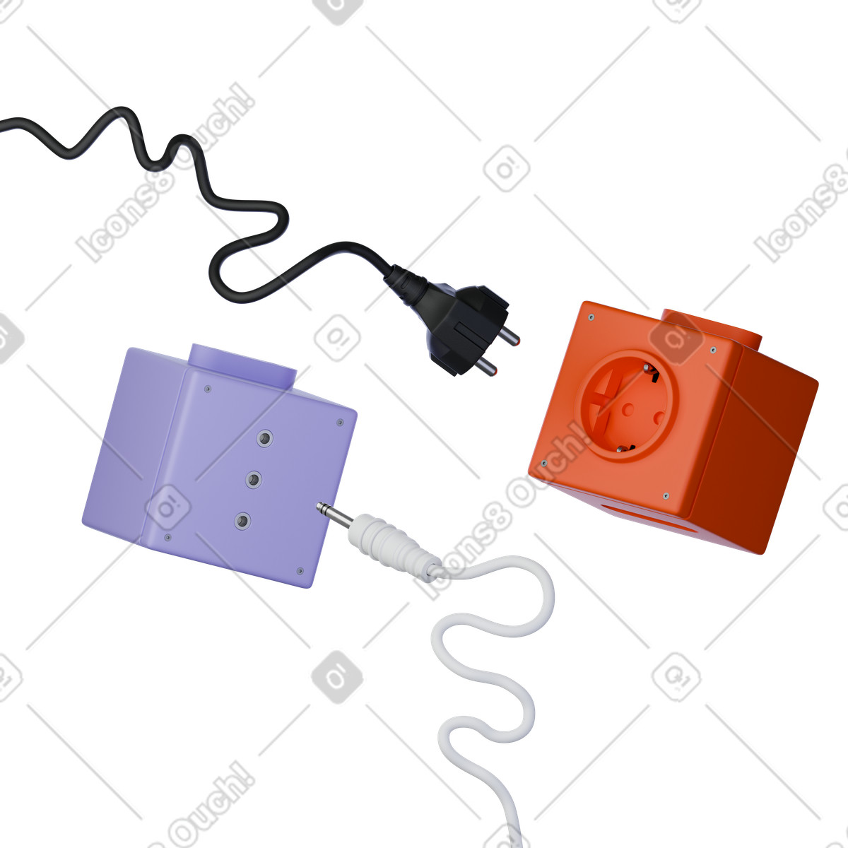 Ilustración Purple and orange schuko power strips, Extension cord sockets, Electrical outlet renders en estilo 3D Product a descargar en PNG y SVG