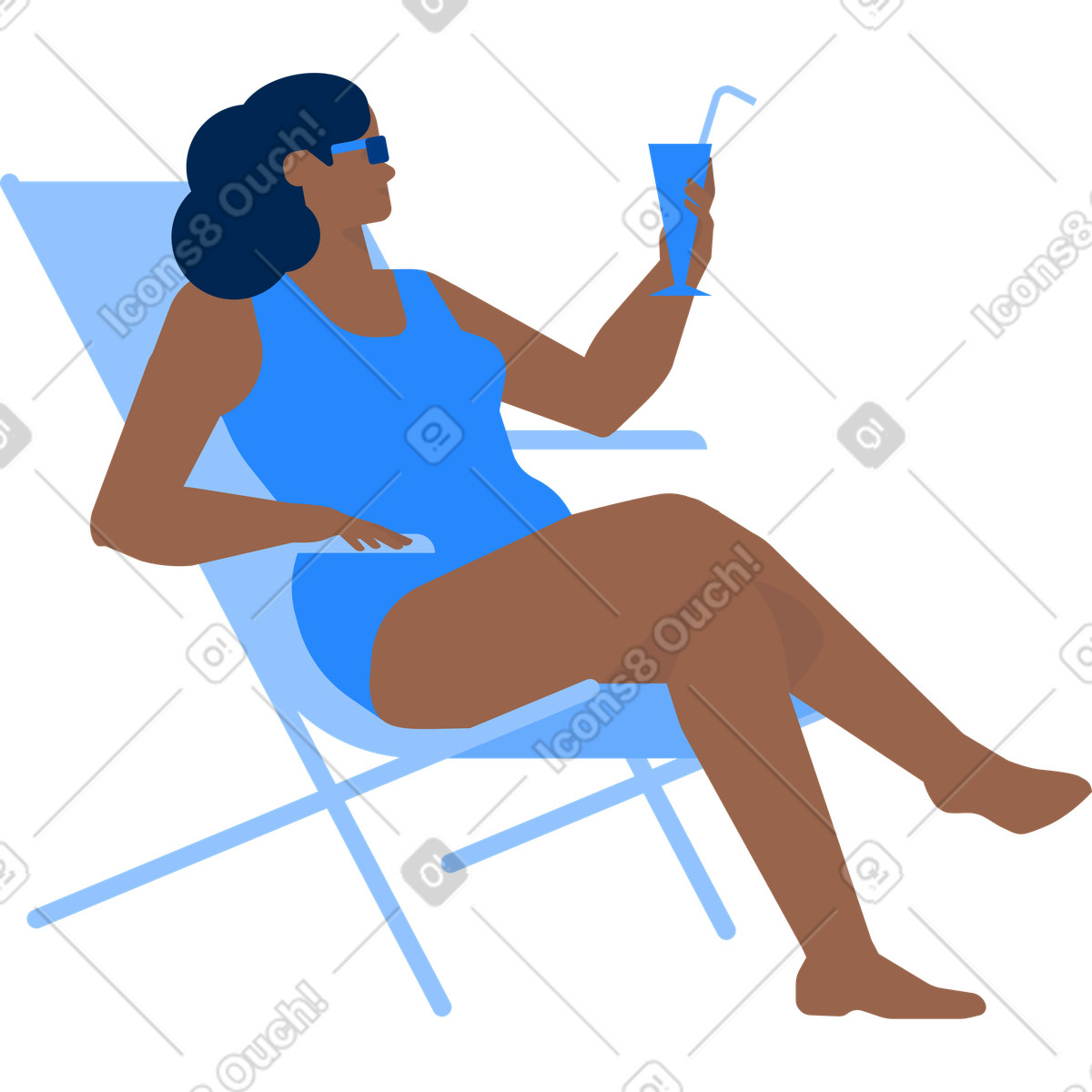 Illustration Une femme de taille plus en maillot bain est assise sur chaise longue et tient un cocktail dans sa main le style Urban à télécharger aux formats PNG, SVG