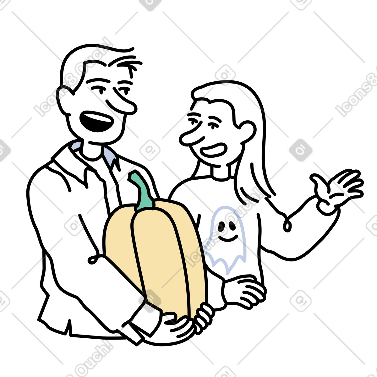 Ilustración Un hombre y una mujer caminando con calabaza. en estilo Notes a descargar en PNG SVG