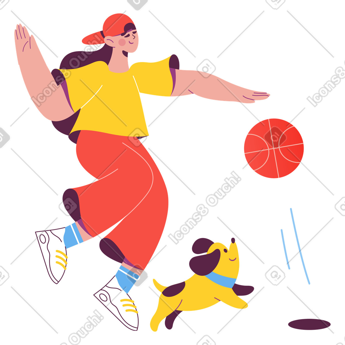 Person dribbling basketball with playful dog, Fun exercise and pet bonding illustration in Sammy style download in PNG, SVG