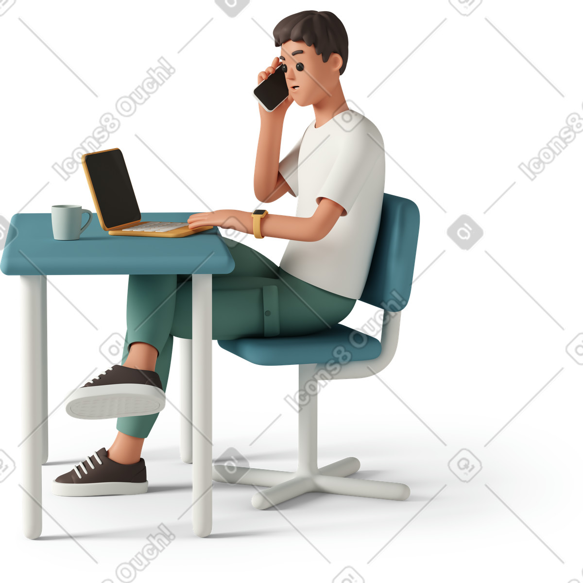 Worker talking on phone at laptop desk, Remote work communication-Illustration im 3D Casual life-Stil als Download in PNG, SVG
