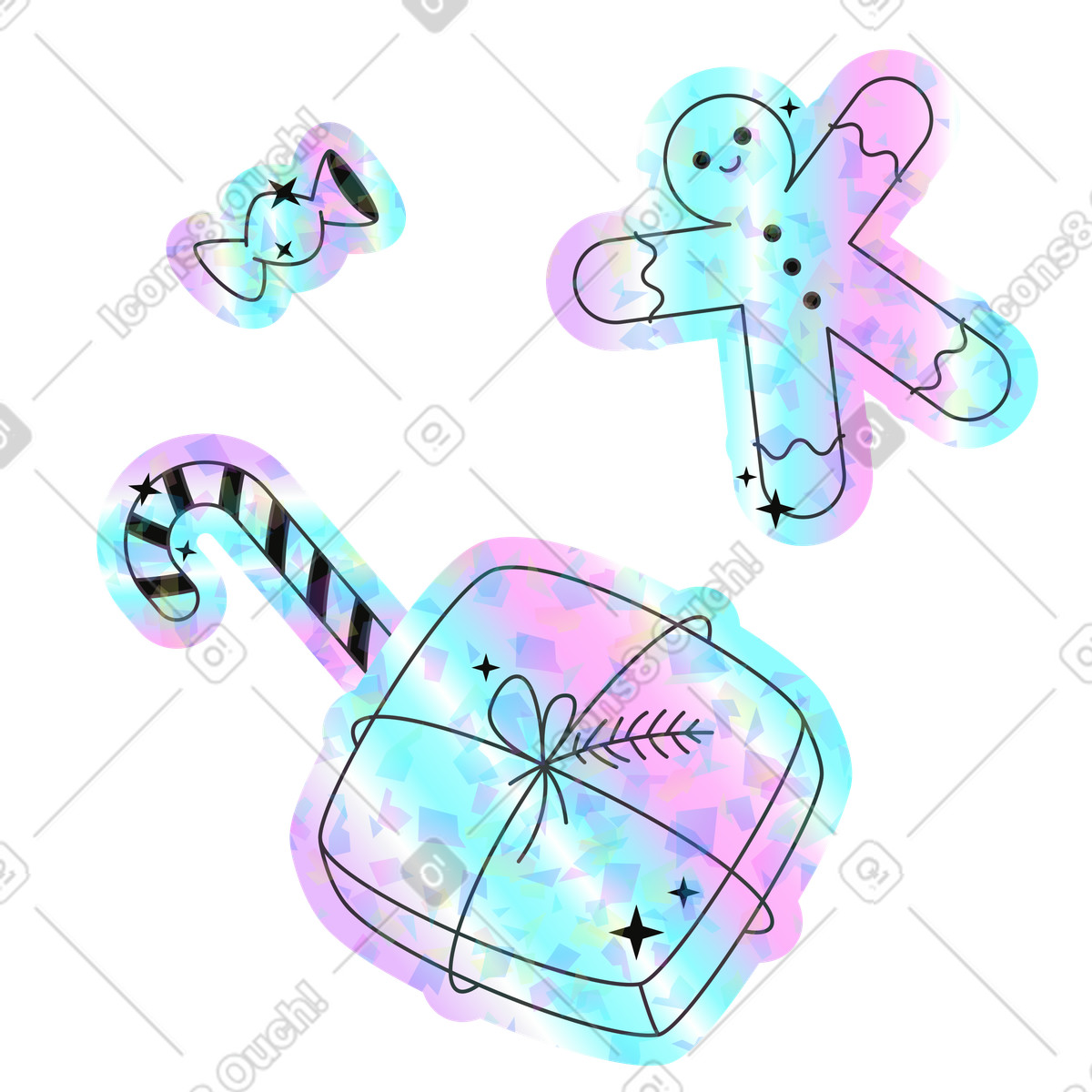 Holostickers スタイルの Christmas gift, gingerbread man and candy のイラストをPNG、SVG形式でダウンロード