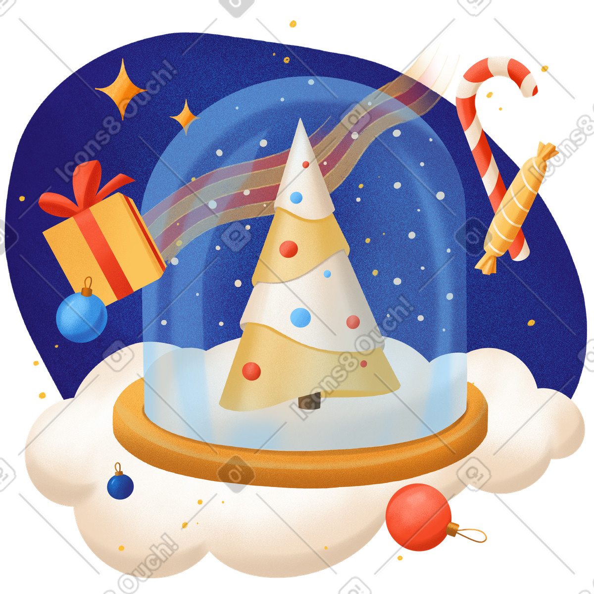 Ilustración Decorated Christmas tree in snow globe, Cozy holiday home decor en estilo Gleam a descargar en PNG y SVG