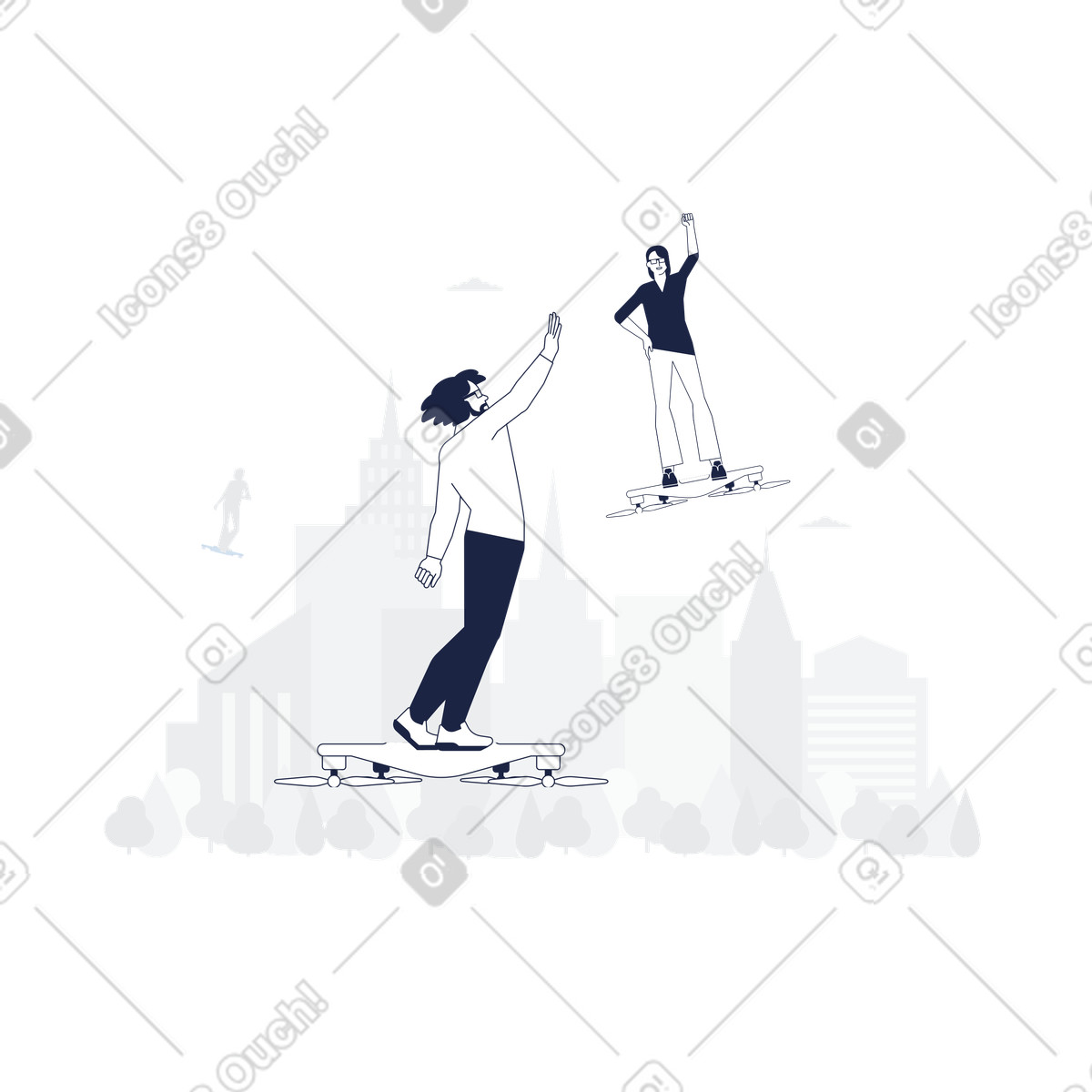 Flight on hoverboard drones over city, Futuristic urban transportation illustrazione in stile Line scarica in PNG, SVG