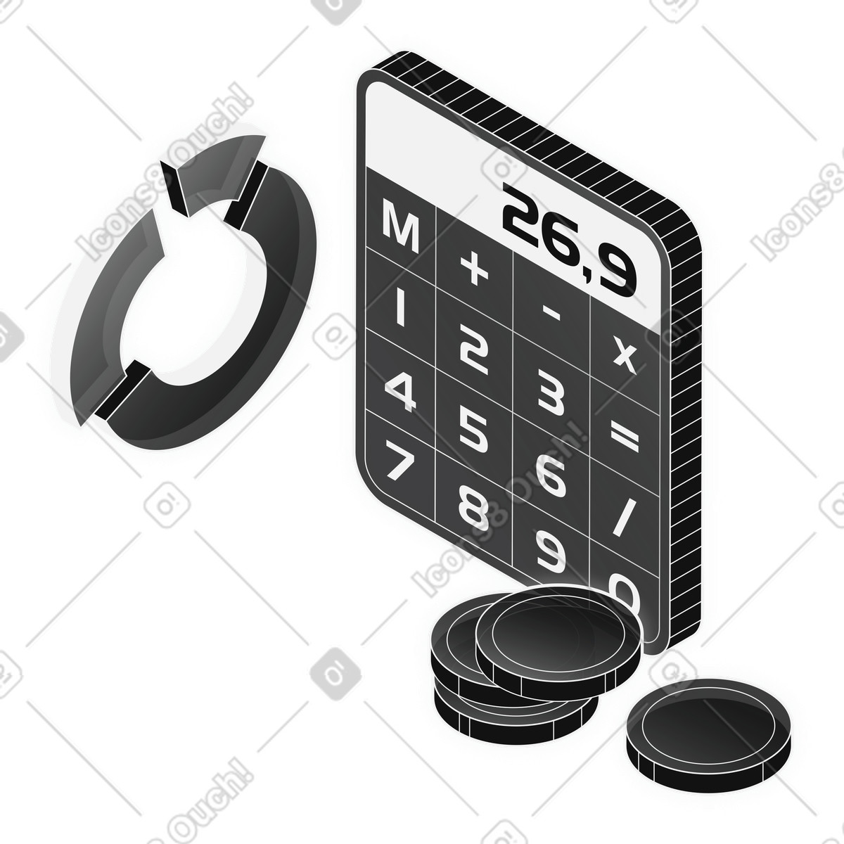 Budget management with financial calculator and money coins illustration in Inverse style download in PNG, SVG