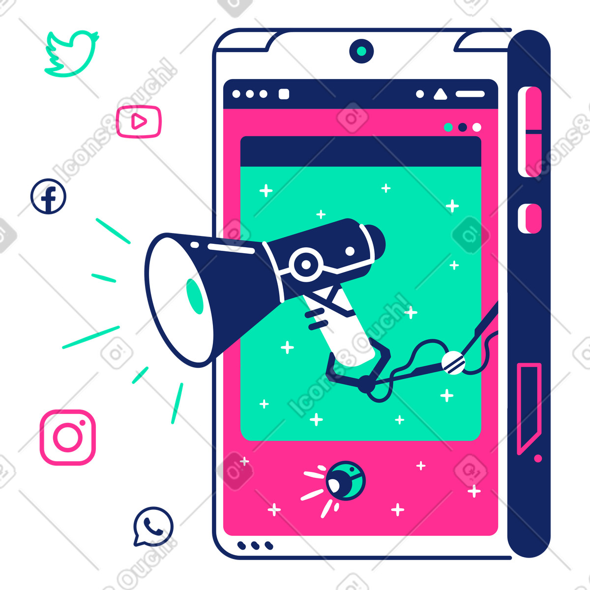 Pubblicità mobile nei social network da un megafono illustrazione in stile Cyborg scarica in PNG, SVG