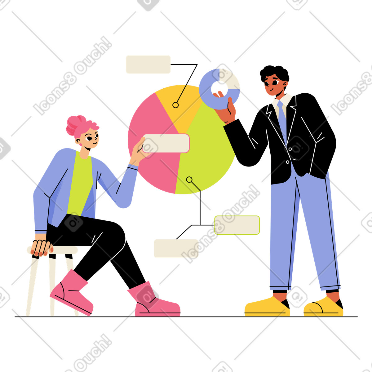Coworkers reviewing analytics, Data-driven business discussion-Illustration im Juicy-Stil als Download in PNG, SVG