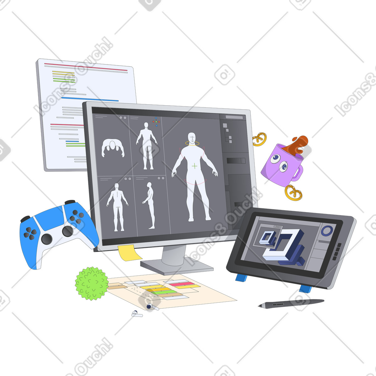 Game character editor on monitor, development workflow illustration in Kit style download in PNG, SVG