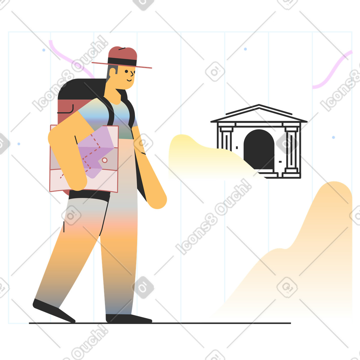 Ilustración Viajero a punto de entrar en un edificio antiguo estilo Marginalia descargar PNG y SVG