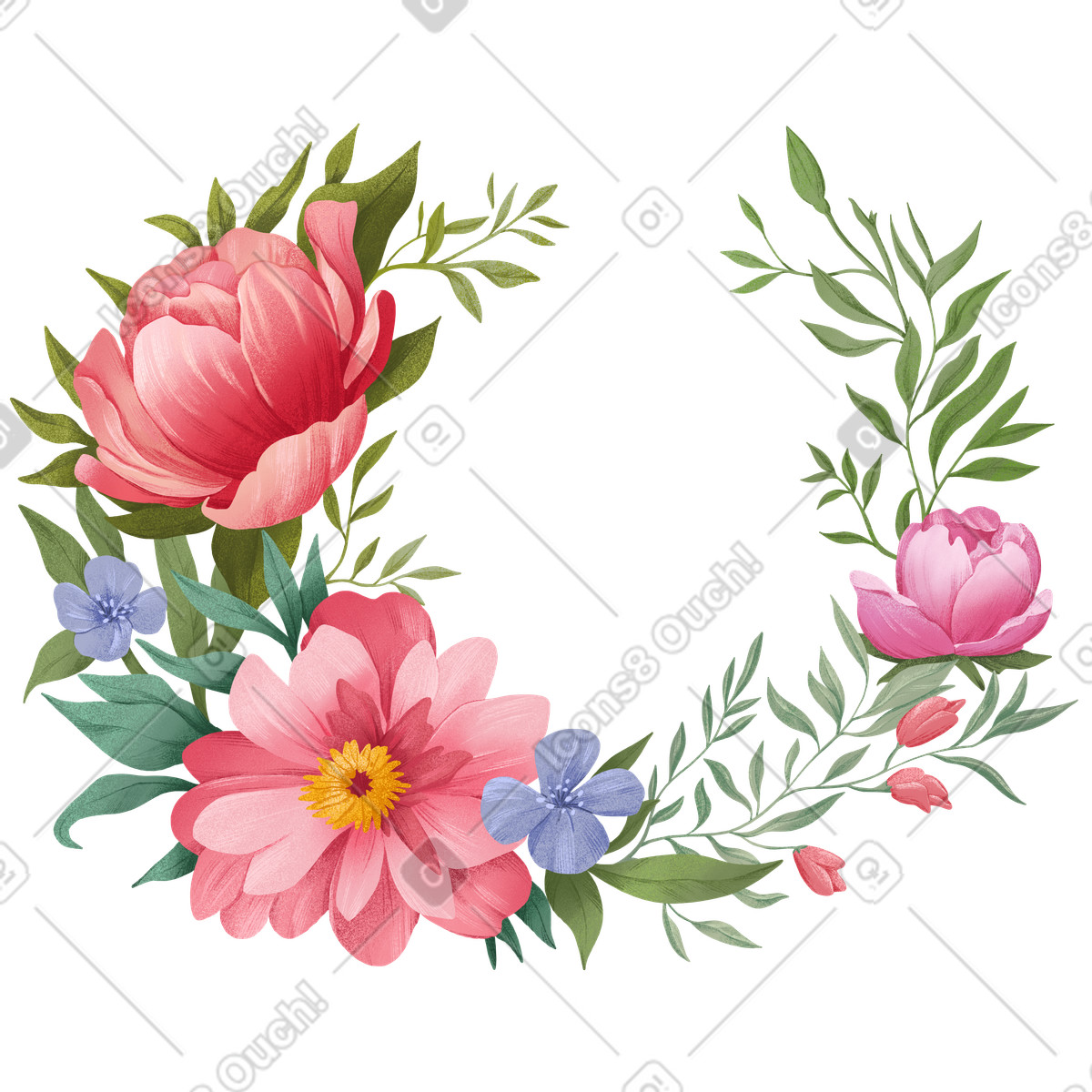 下载 Floral 风格的 Different spring flowers woven into a semicircular wreath 插画，支持 PNG、SVG 格式