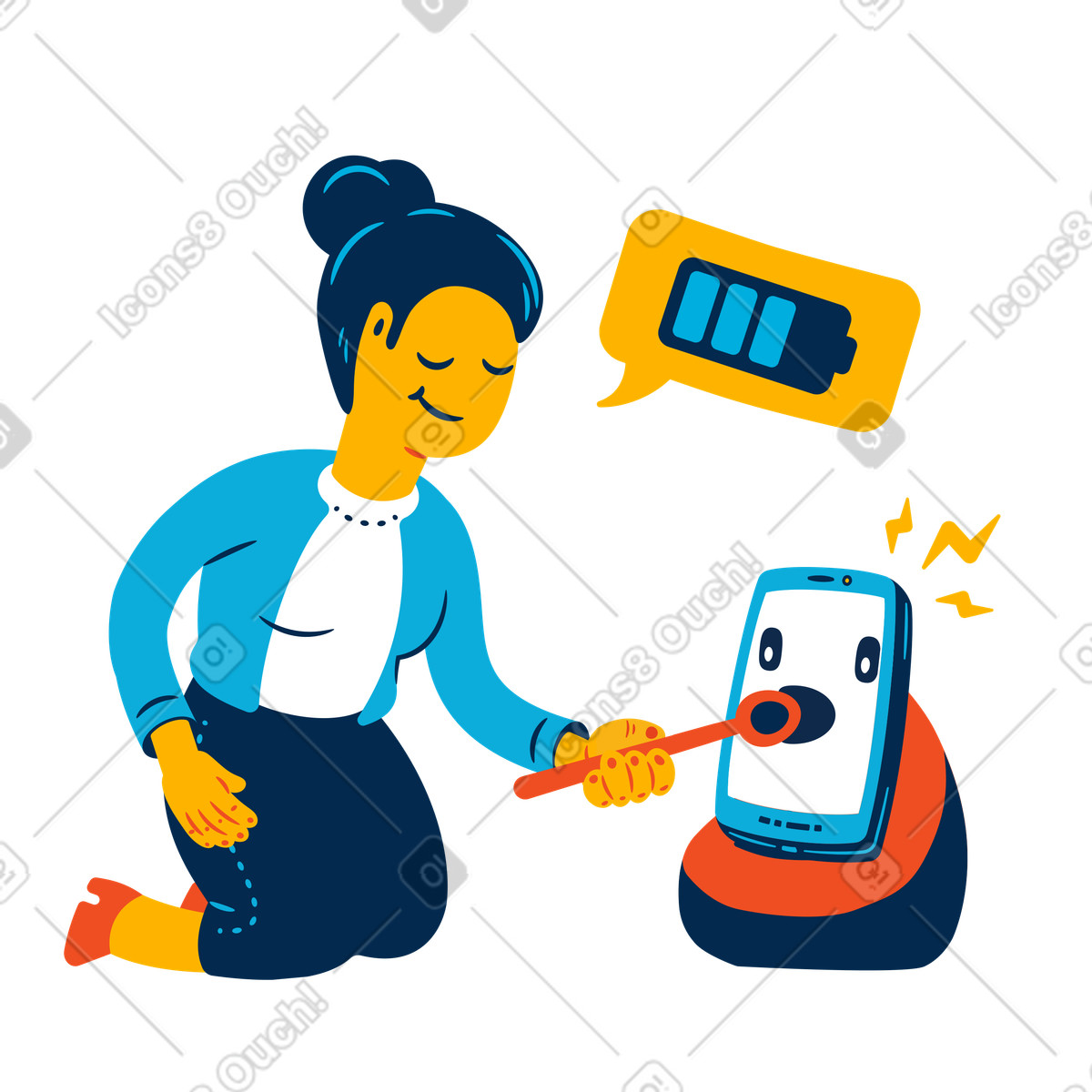 Woman feeding her phone to charge it illustration in Flame style download in PNG, SVG