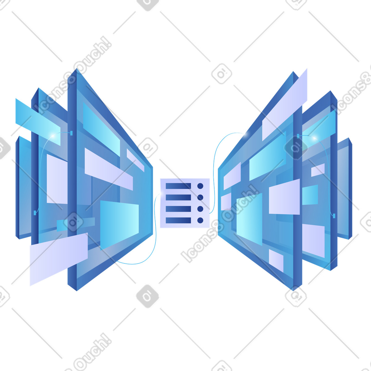 Abstract server panels exchanging data, digital transformation and microservices infrastructure, API gateway system integration illustration in Quantum style download in PNG, SVG