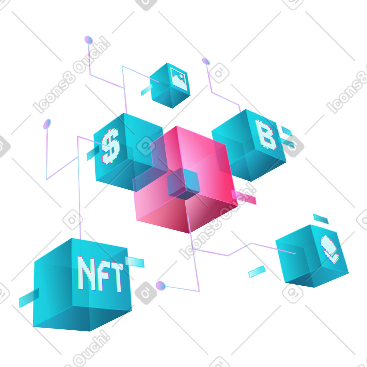 Neon スタイルの Floating isometric blocks displaying NFT and currency, Digital asset management のイラストをPNG、SVG形式でダウンロード