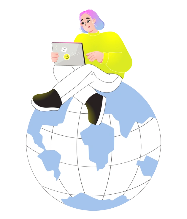 A person sitting on a globe with a laptop - Like style illustration