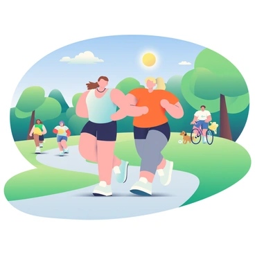 Two friends are running together in a park, preparing for an upcoming marathon. One friend has short brown hair and is wearing a light blue tank top with black running shorts. The other friend has long blonde hair tied in a ponytail and is dressed in a bright orange t-shirt and grey leggings. They are jogging along a winding path surrounded by lush green grass and trees. In the background, there are other park-goers, including a person walking a dog and a couple riding bicycles. A clear blue sky with a few fluffy white clouds is overhead, and the sun is shining brightly.