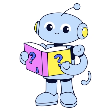 A robot with a shiny metallic exterior is holding a book in its hands. The book has a bright, colorful cover with several large question marks scattered across it. The robot is designed with a friendly face that features large, expressive eyes, conveying a sense of curiosity. Its posture is slightly leaned forward, suggesting an eagerness to explore the contents of the book. The background is simple and unobtrusive, allowing the robot and the book to stand out prominently.