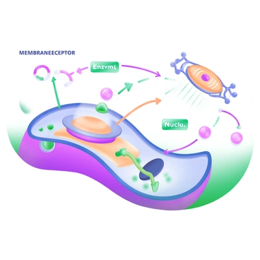 An illustration depicting a signal transduction pathway. In the center, there is a detailed representation of a "membrane receptor" with an elongated shape, embedded within a "cell membrane." Lines extend from the receptor, illustrating the pathway of signal transmission. Along these lines, various "protein molecules" and "enzyme icons" are shown, demonstrating the interaction and activation process. Additionally, there are "messenger molecules" represented by small circles traveling toward a "nucleus," which is shown in the background, symbolizing the cell's response to the incoming signal. The colors used are soft pastels, creating a harmonious visual composition.