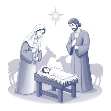 A traditional nativity scene depicting "Mary" and "Joseph" standing beside "baby Jesus" lying in a manger. "Mary" is portrayed with a serene expression, wearing a simple robe and a veil, while "Joseph" stands protectively beside her, holding a staff. The manger is constructed of wooden beams, with hay scattered around. In the background, there are silhouettes of animals such as a donkey and sheep, creating a rustic setting. Above the scene, a star shines brightly, symbolizing the guiding star of Bethlehem.