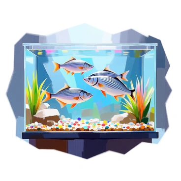 A large aquarium exhibit filled with clear, blue water, showcasing a vibrant school of striped bass swimming gracefully together. The striped bass are characterized by their elongated bodies, silver scales, and distinct dark horizontal stripes running along their sides. Surrounding the fish, various aquatic plants sway gently in the water, while colorful pebbles line the bottom of the exhibit, adding visual interest. The exhibit is illuminated with soft lighting that enhances the clarity of the water and highlights the shimmering scales of the fish as they move synchronously through their environment.