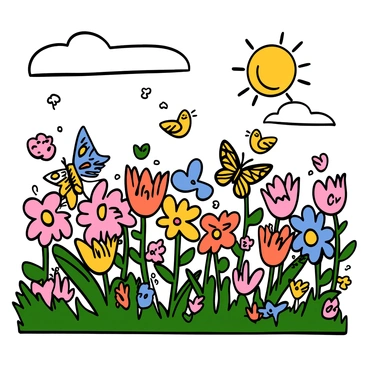 A vibrant spring scene filled with colorful flowers in full bloom, showcasing various shades of pink, yellow, and blue. In the foreground, butterflies with intricate patterns flutter around, and small birds with bright plumage are chirping joyfully among the blossoms. A group of cartoonish creatures, each with exaggerated features, are playfully dancing among the flowers, expressing a sense of happiness and energy. The sky is clear with a bright sun shining down, adding warmth to the lively atmosphere.