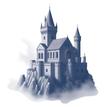 A dark castle with tall, pointed towers is perched on a rocky cliff. The structure is made of stone, featuring large arched windows and battlements along the parapets. Wisps of mist swirl around the base of the cliff, partially obscuring the castle. The atmosphere is heavy with a sense of mystery, enhanced by the jagged silhouette of the castle against the sky. The surrounding landscape is rugged and uneven, adding to the foreboding presence of the castle.