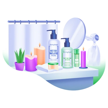 A modern pastel illustration of a bathroom scene. The focus is on a white countertop displaying various "peptide-infused skincare products" in elegant bottles. Beside them are "relaxing candles" of different sizes, some lit and others unlit, creating a calming atmosphere. A soft towel is neatly folded next to the products, and a small potted plant adds a touch of greenery. The background shows a shower curtain with subtle patterns and a hint of a mirror reflecting light.