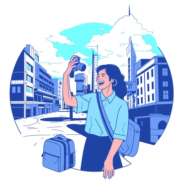 A traveler with a joyful expression is wearing a blue denim blouse while holding a camera. The scene shows the traveler standing in front of a large, iconic landmark, capturing its beauty with the camera. Around the traveler, there are various architectural details of the city, including ornate buildings and bustling streets. The sunlight casts soft shadows, creating an inviting atmosphere. The traveler's backpack rests on the ground nearby, hinting at their adventurous spirit.