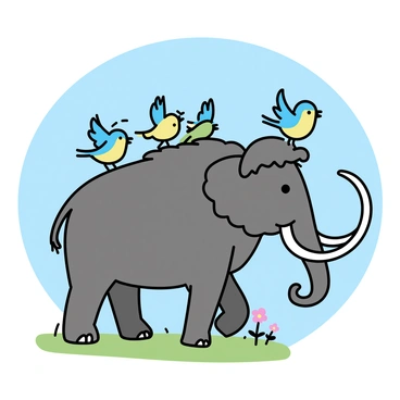 A group of small birds, with vibrant plumage in shades of blue, yellow, and green, are perched on the back of a large woolly mammoth. The mammoth has long, curved tusks and a thick coat of fur that is a mix of brown and gray. The birds are flapping their wings energetically, creating a dynamic scene. The mammoth stands on a grassy terrain, with a few wildflowers scattered around its feet. A clear blue sky serves as the backdrop.