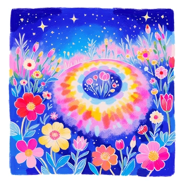 A vibrant garden features flowers blooming in a spiral galaxy shape. The flowers are a mix of vivid colors including reds, pinks, yellows, and purples, arranged in a swirling pattern that mimics the arms of a galaxy. The petals are delicately textured, and the green leaves provide a striking contrast. Above the garden, a sky is filled with twinkling stars, creating a magical nighttime atmosphere. The stars shine in various sizes, adding depth to the scene. The overall composition captures the beauty and intricacy of this celestial-inspired garden.