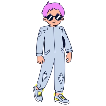 A child wearing a sleek, futuristic costume made of shiny silver fabric. The costume has metallic accents, including geometric patterns on the sleeves and legs. The child is also wearing stylish sunglasses with dark lenses that reflect light. The outfit is completed with futuristic-looking shoes that have glowing elements. The child's hair is styled in a modern cut, adding to the overall high-tech appearance.