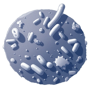A close-up view revealing numerous bacteria clusters in dark, textured soil. The bacteria appear as tiny, oval and rod-shaped organisms, some with flagella, showing movement among organic matter such as decaying leaves and plant material. The soil is rich with various particles, indicating decomposition processes taking place. Surrounding the bacteria are small fragments of organic debris, creating a vibrant scene of life in the microscopic world.