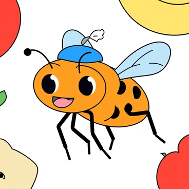 A cartoonish fruit fly with large, expressive eyes and a comical expression is buzzing in the air. The fruit fly has shiny wings and a bright orange body with black spots, giving it a playful appearance. Perched at a jaunty angle on its head is a tiny blue hat, complete with a small white feather sticking out. The fly's mouth is open in a cheerful smile, and its tiny legs are flailing in excitement as it hovers in mid-air, surrounded by colorful fruits like apples and bananas in the background.