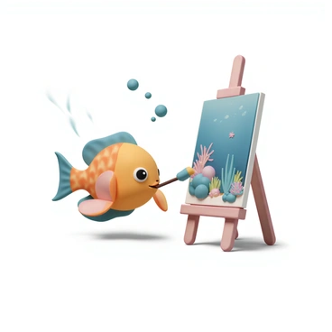 A small, colorful fish with orange and blue scales is positioned in front of an underwater easel. The fish is holding a tiny paintbrush in its mouth, focused intently on the canvas. The canvas displays an underwater scene, including vibrant coral and various small sea creatures. Bubbles are rising around the fish, and soft rays of light filter down through the water, illuminating the painting and the fish's joyful expression as it creates its masterpiece.