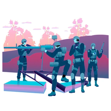 A group of five soldiers wearing tactical uniforms and helmets, standing in an organized formation at a shooting range. Each soldier is focused on their individual positions as they practice using a large, modern machine gun mounted on a sturdy platform. The scene is illuminated by the warm orange and purple hues of a sunset, casting long shadows on the ground. In the background, there are silhouette trees and distant hills, enhancing the dramatic atmosphere of the training exercise. The soldiers exhibit a range of expressions, from concentration to determination, as they engage in their drills.