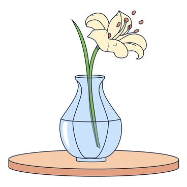 An elegant crystal vase with a faceted surface that reflects light in various directions. Inside the vase, there is a singular dead lily, its petals wilted and slightly curling at the edges. The lily has a pale cream color with spots of brown on the petals, emphasizing its delicacy. The vase is placed on a simple wooden table with a soft shadow cast beneath it.