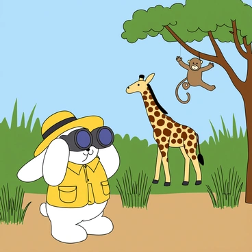 Miffy, a small white rabbit with long ears, is on a safari adventure. She is wearing a bright yellow safari hat and a matching vest with pockets. Miffy is holding a pair of round binoculars up to her eyes, peering through them with excitement. In front of her, there is a variety of wild animals, including a tall giraffe with dark spots and a playful monkey hanging from a tree branch. The surrounding landscape features lush green bushes and tall grasses under a clear blue sky. Miffy's expression is filled with wonder as she enjoys the sights of the safari.